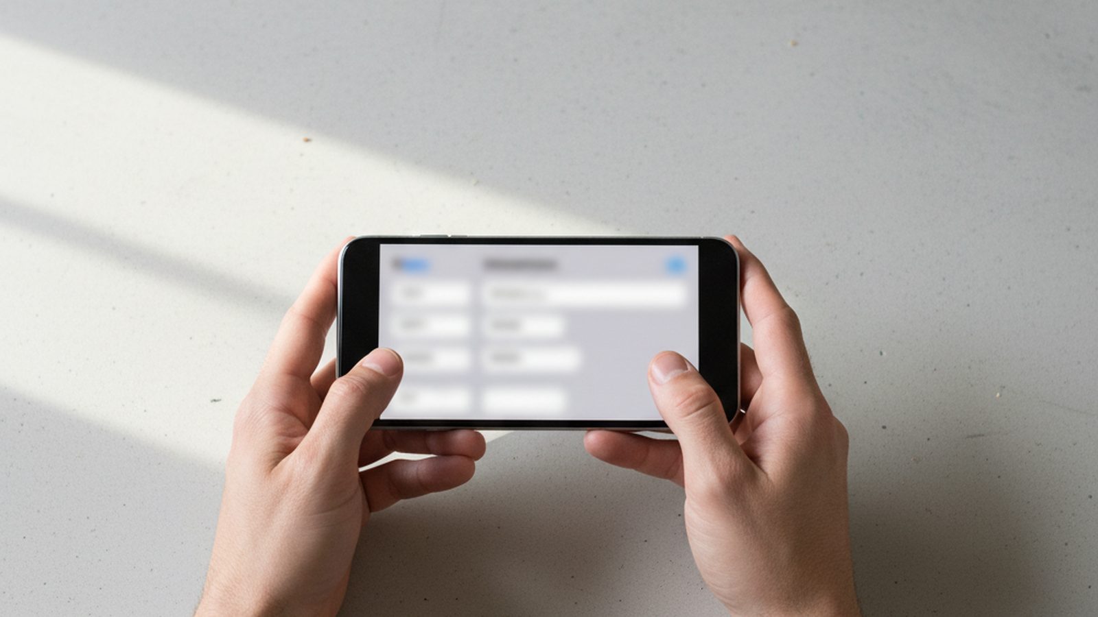 Overhead view of a person's hands holding a smartphone, with a finger pointing to the privacy settings on the screen, on a minimalist desk.