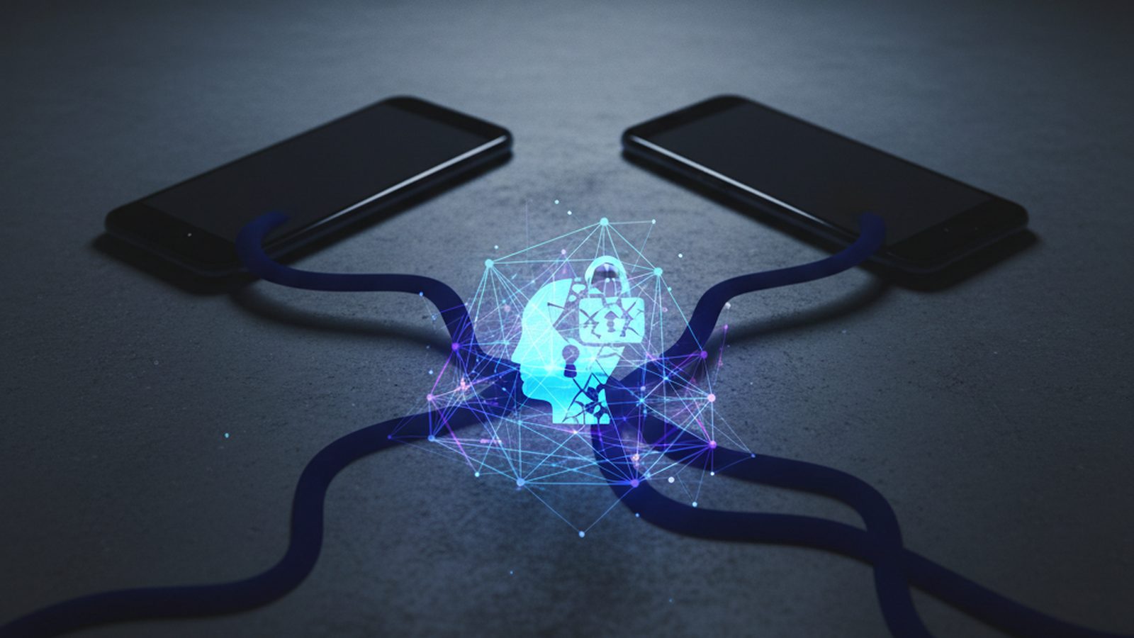Two stylized iPhone silhouettes casting distorted shadows, with an Apple ID icon caught in a digital trap.