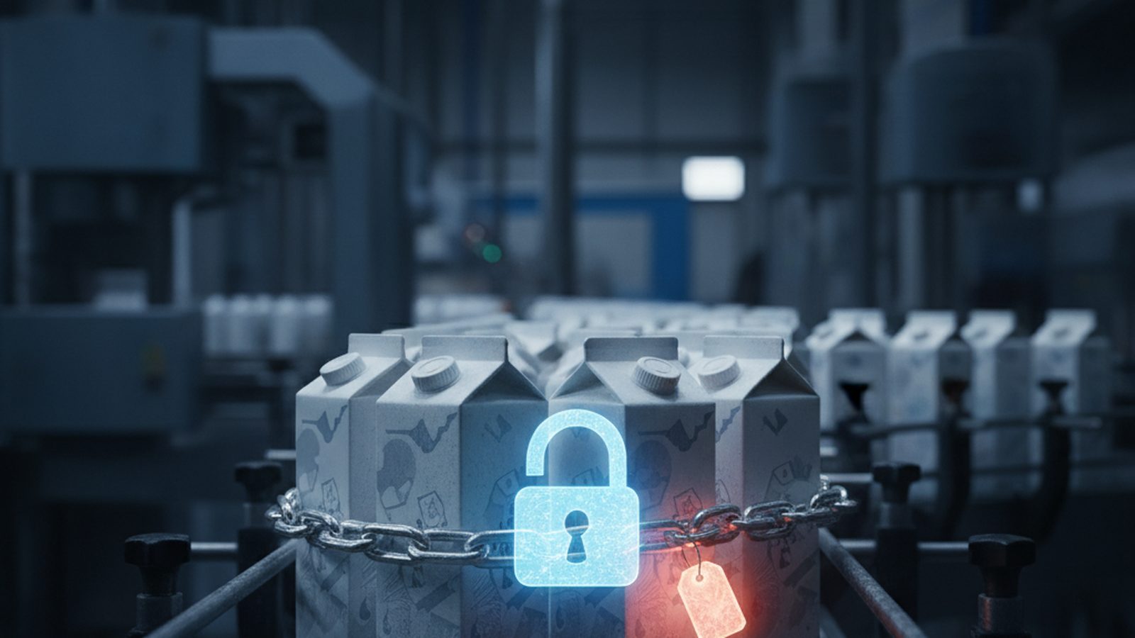 Stylized milk carton production line locked with a digital chain and 'ransom' tag, representing a ransomware attack.