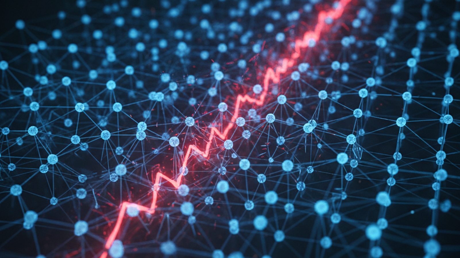 An abstract image of a glowing, intricate neural network with a single red line corrupting its structure, symbolizing an AI system being hijacked.