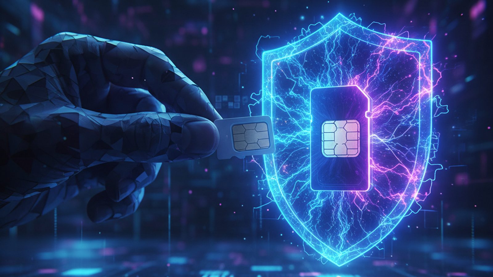 SIM card glowing with a digital shield, with a shadowy hand attempting to swap it, illustrating SIM swap protection.
