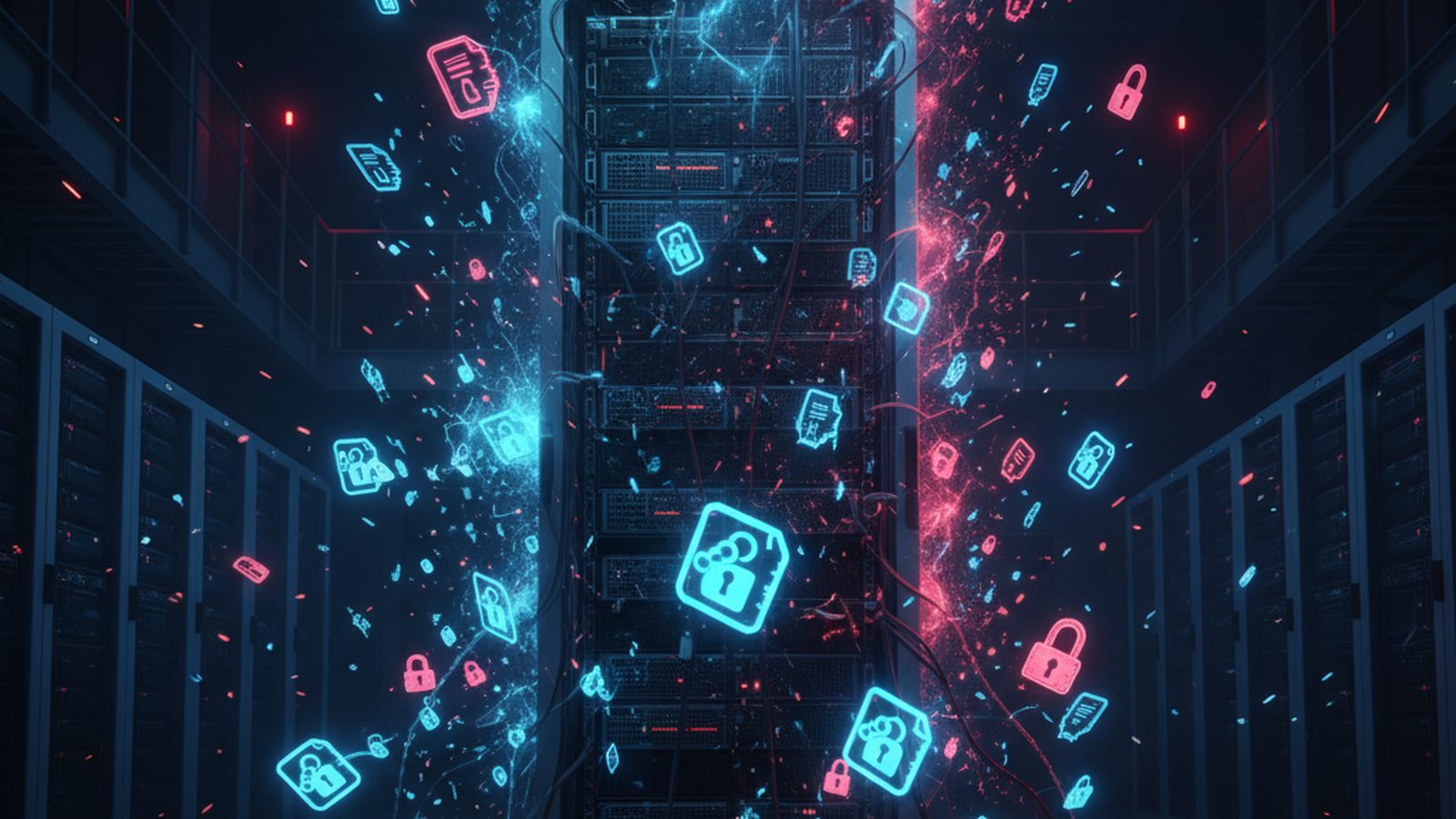 Server rack enveloped by a digital storm of ransomware icons, symbolizing a system overwhelmed by attack.
