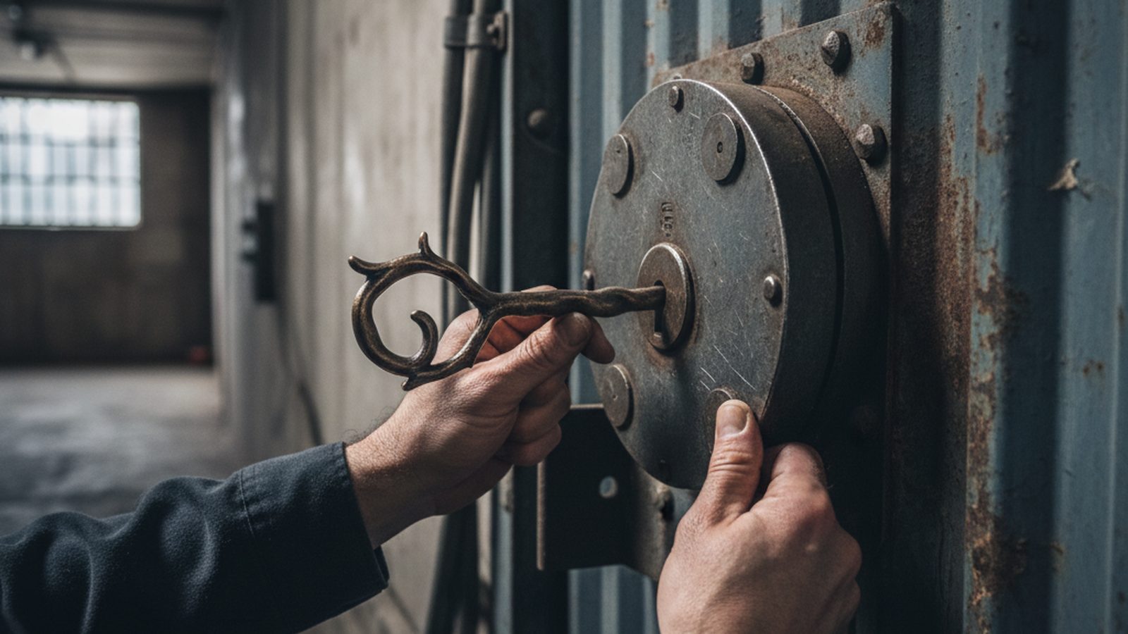 Hands trying to fit an abstract key into a large, plain industrial lock on a metal door.