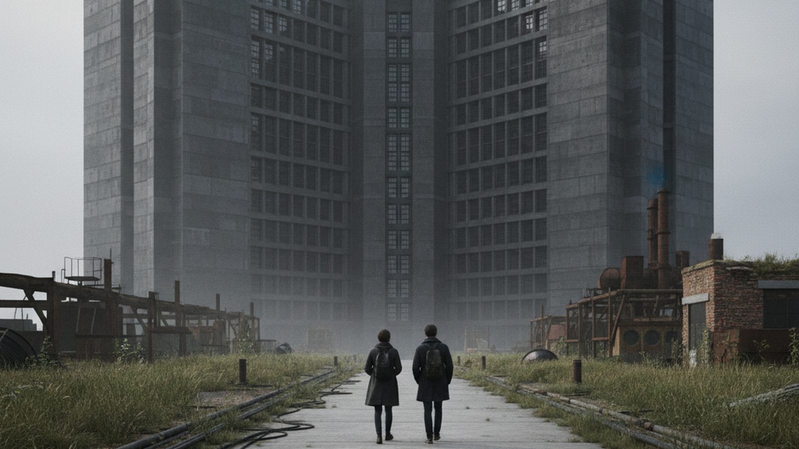 Two distant figures, seen from behind, approach a large, imposing, generic building.