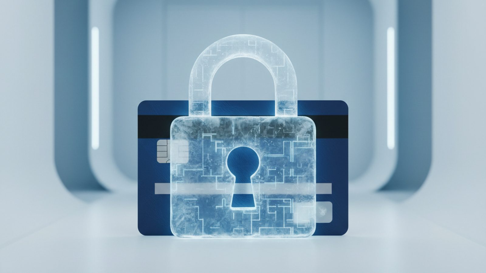 Digital padlock freezing a credit card, symbolizing the action of freezing one's credit for protection.