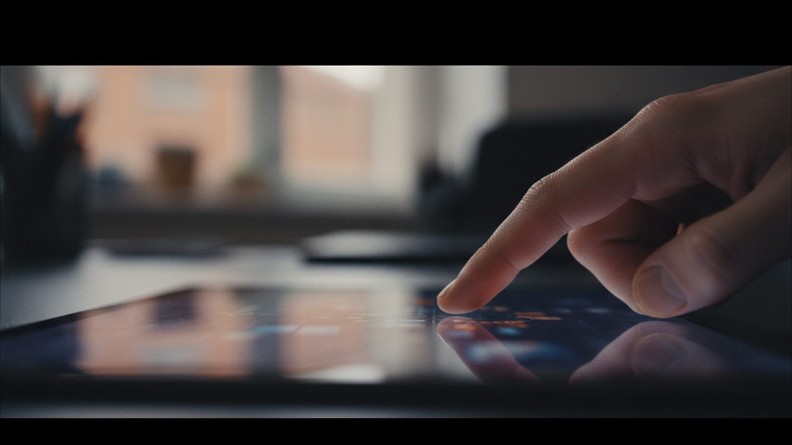 A hand attempts to bring a blurry image on a surface into focus, suggesting an unclear view.