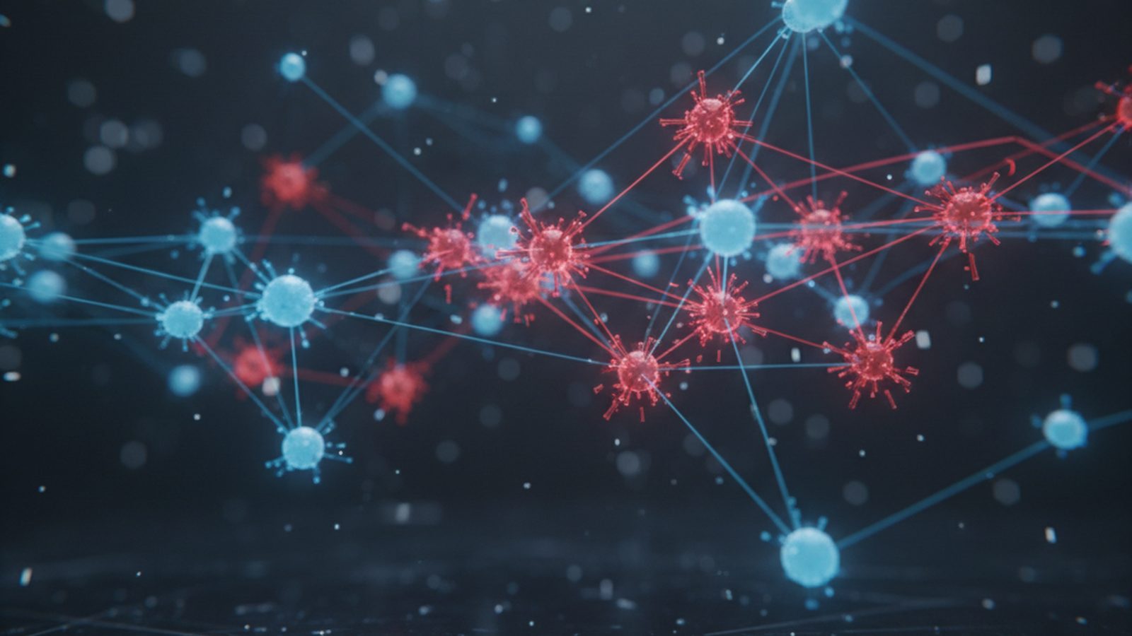 A close-up of a digital network map with glowing red nodes indicating anomalies, symbolizing the detection of a security threat.