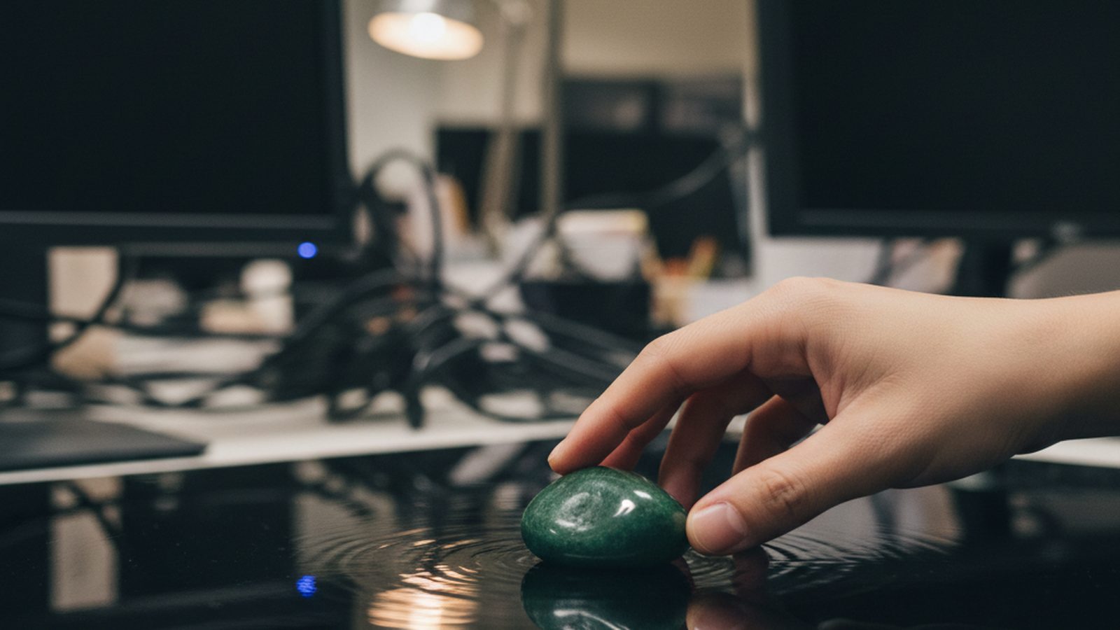 A hand gently touches a small, polished stone, reflecting softly on a dark, sleek surface.