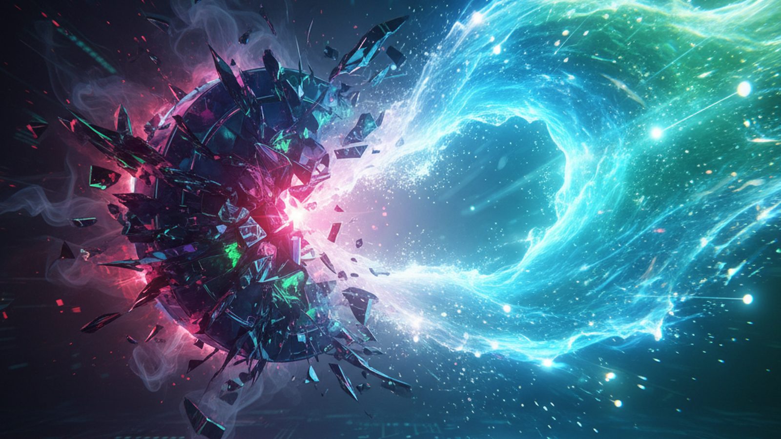 Digital 'evil' token being dispelled by a cleansing wave, symbolizing the takedown of a phishing service.