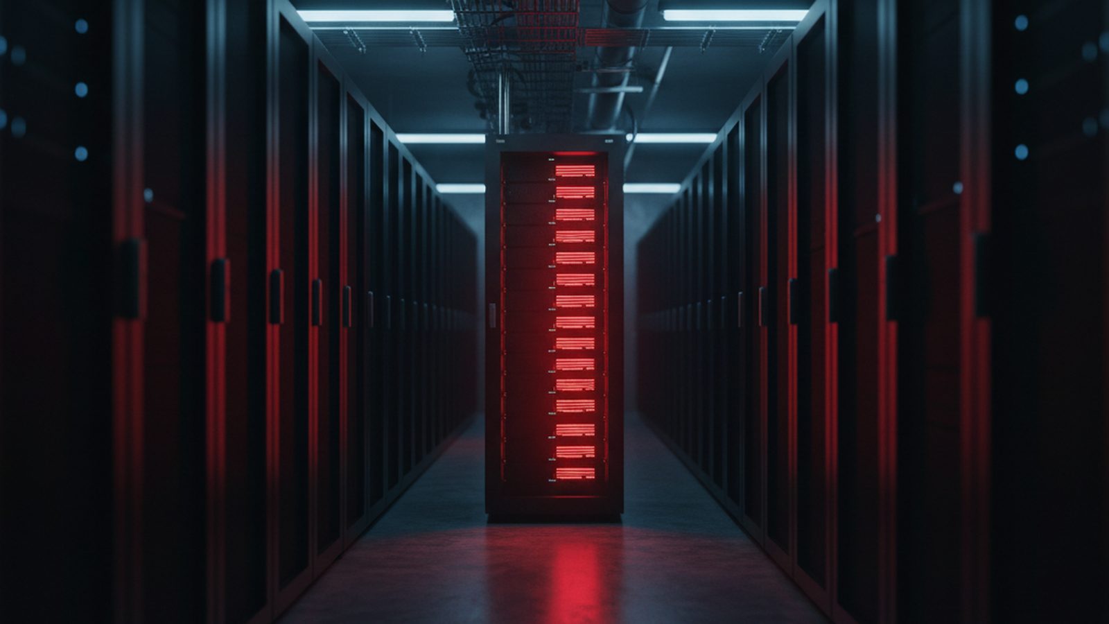 A darkened server room with a single red glowing server rack, symbolizing a network under a ransomware attack.