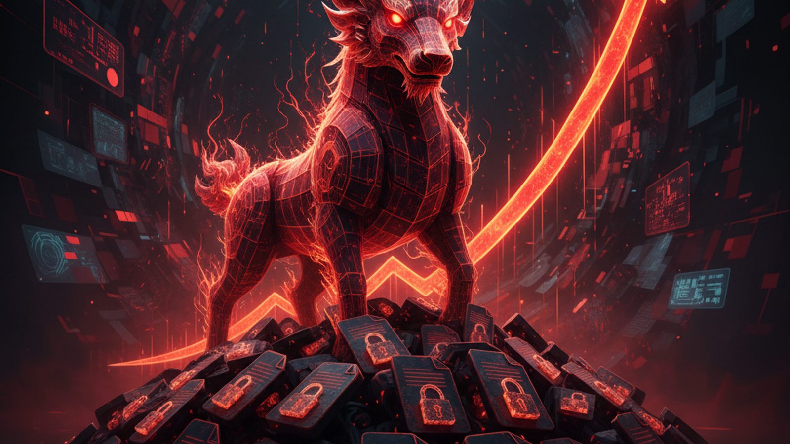Digital 'Qilin' symbol over locked files, with an upward-trending graph, representing a record ransomware year.
