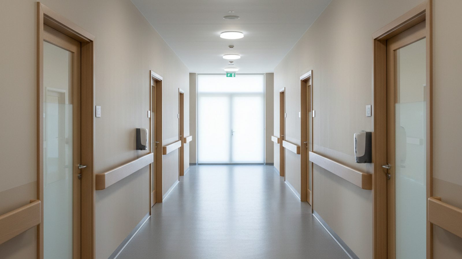 An empty, sterile-looking corridor in a care facility, with muted colors and soft, indirect lighting.