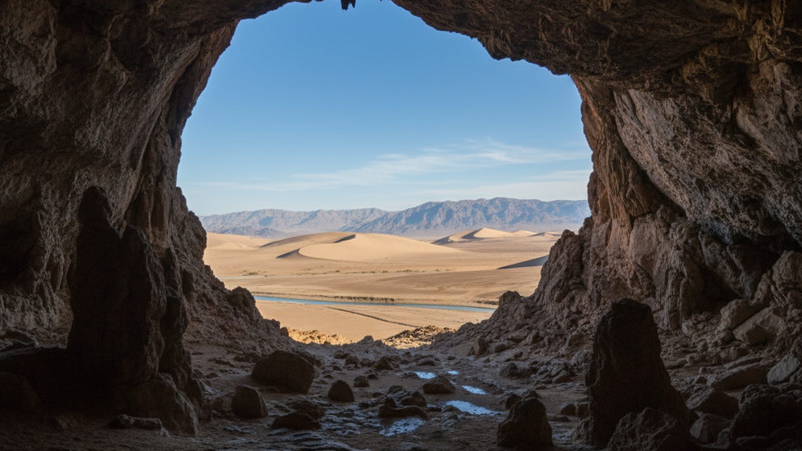 From within a dark, empty cave, a bright, expansive landscape is visible in the distance.