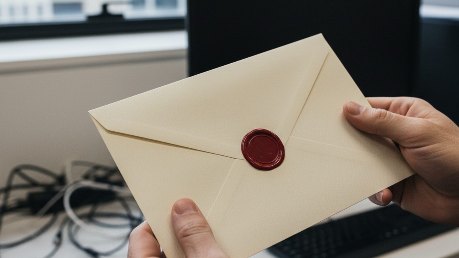 A hand holds a sealed, formal-looking envelope, its contents and sender completely unmarked.