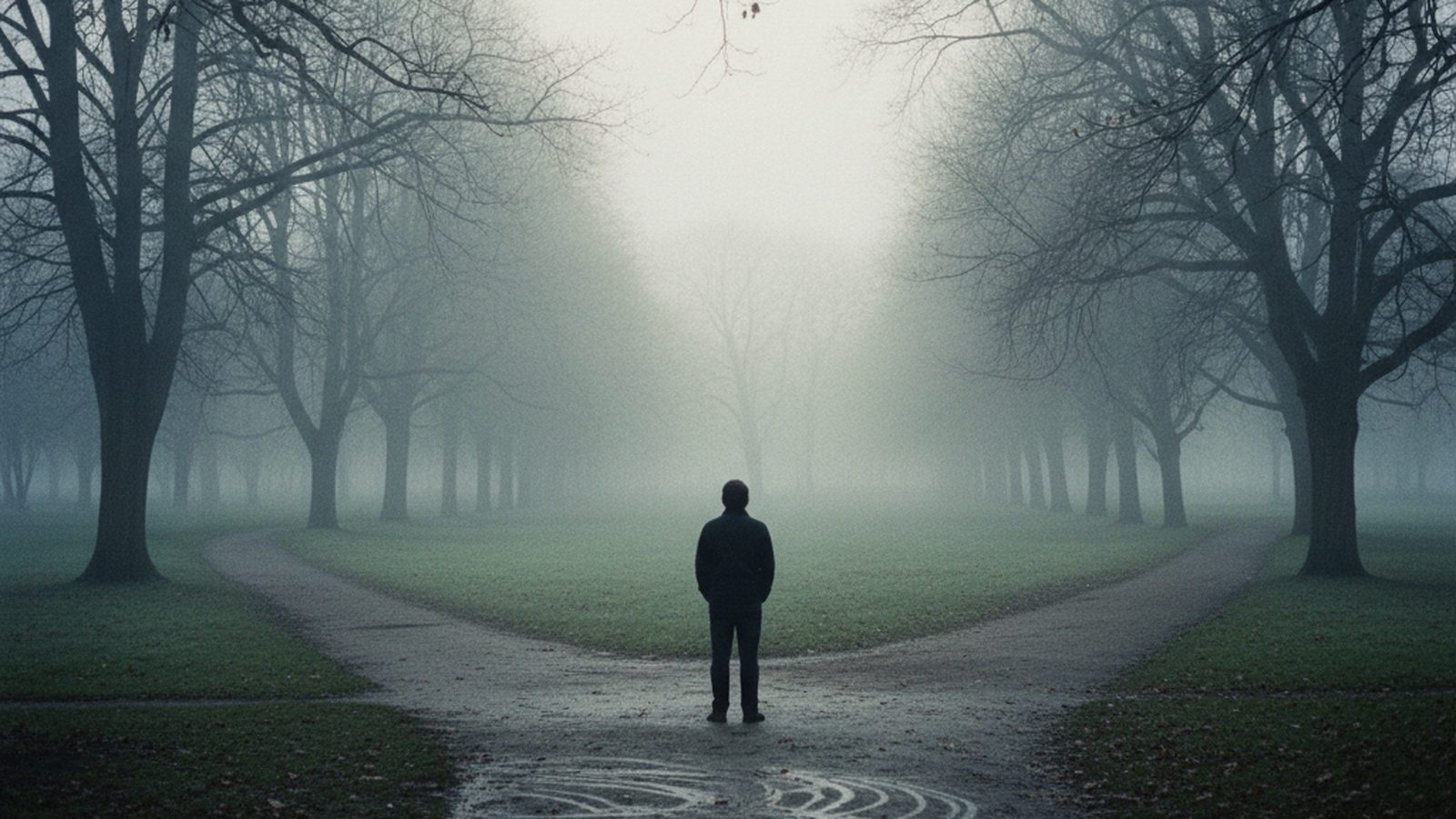 A silhouette stands at a misty park crossroads, contemplating multiple diverging paths ahead.