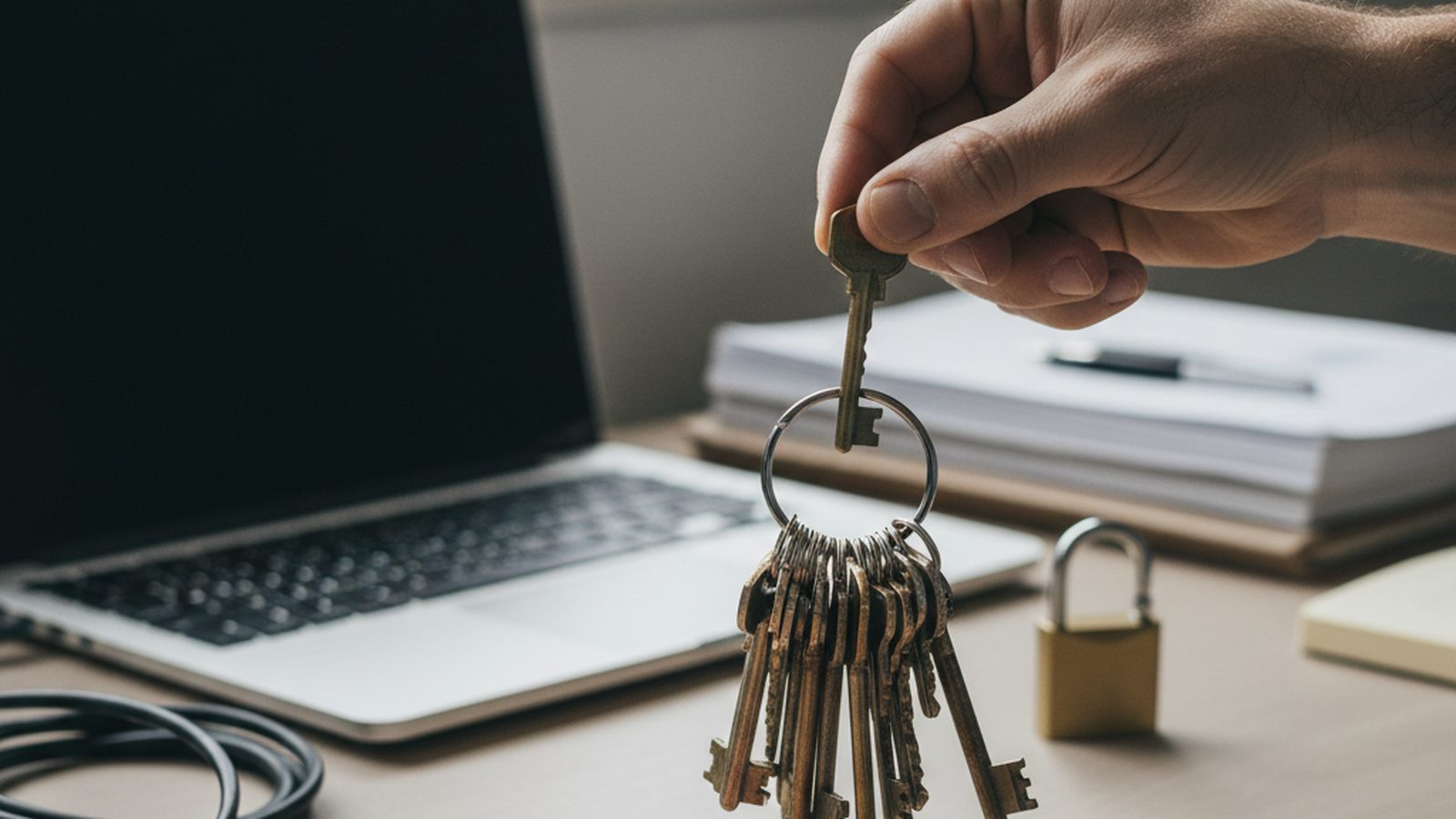A hand removes a key from a large, organized keyring, creating a newly empty slot.