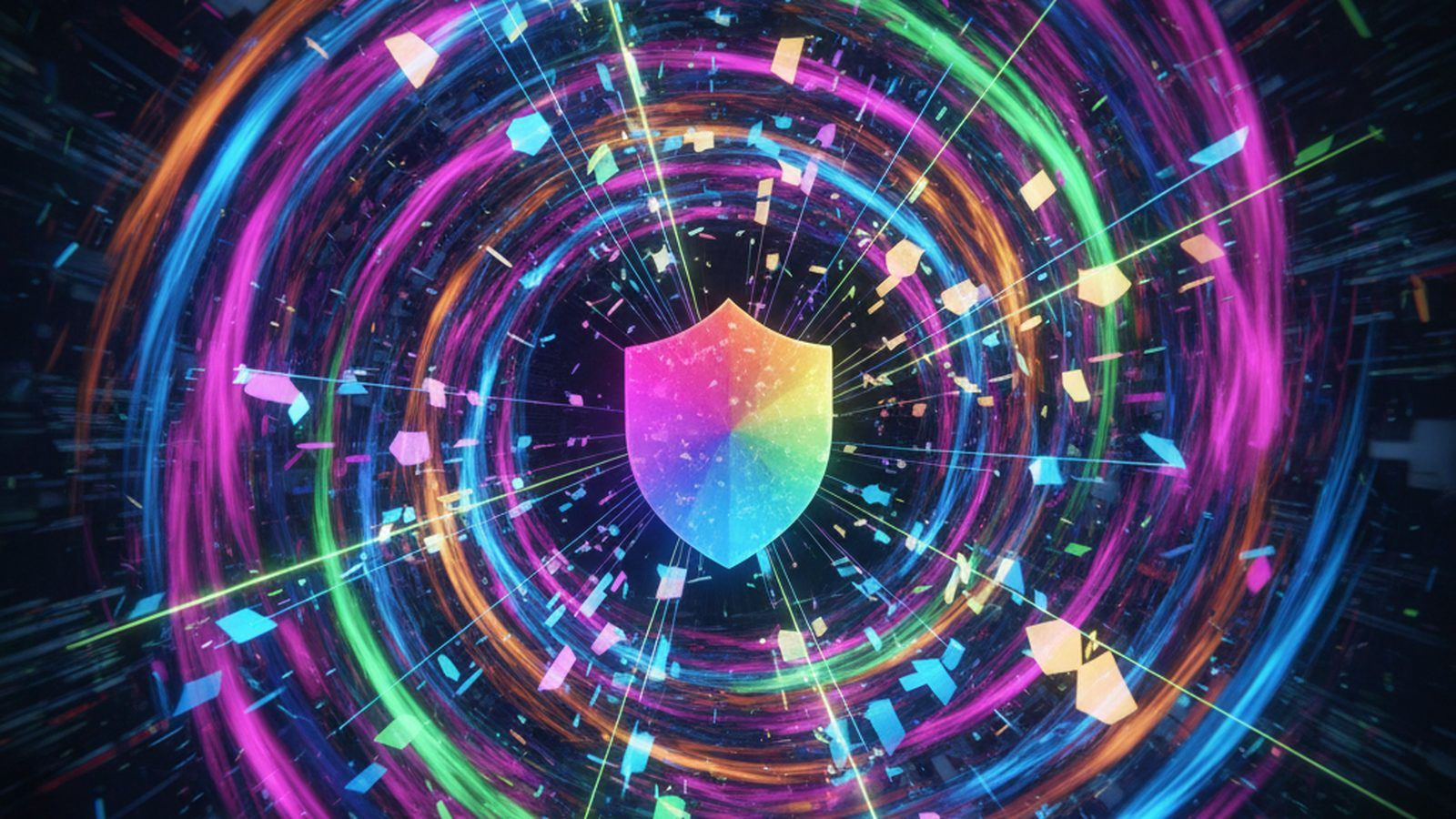 Vibrant, psychedelic vortex with a deceptive Cloudflare shield icon drawing in data fragments, depicting a stealer.