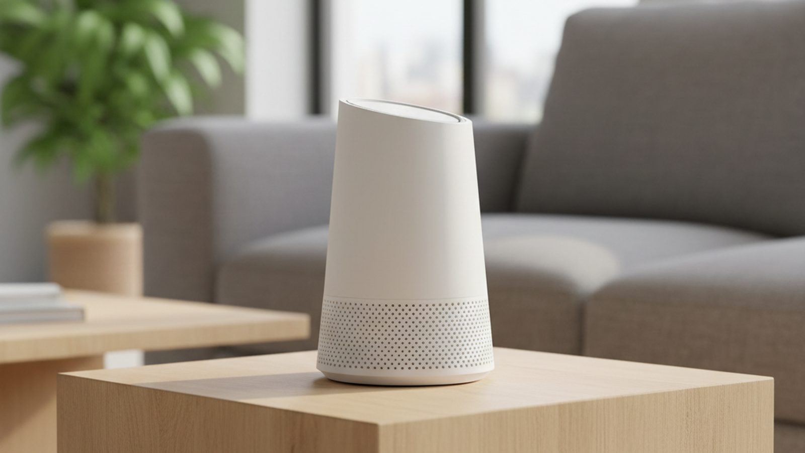 A close-up shot of a modern, sleek white Wi-Fi router sitting on a wooden shelf in a home setting, with a soft-focus background.