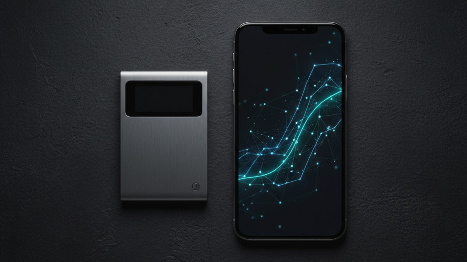 A sleek, dark gray hardware crypto wallet resembling a USB stick placed next to a smartphone displaying a cryptocurrency trading interface on a dark surface.