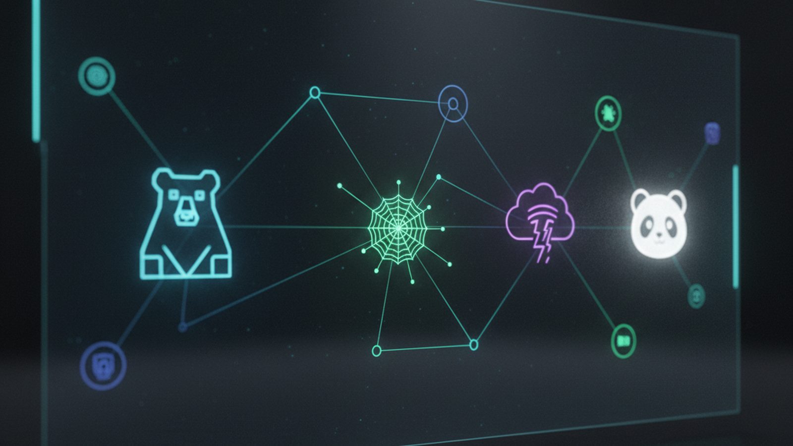A complex digital flowchart with interconnected nodes, each labeled with a symbolic icon representing a different hacker group naming convention like a bear, a spider, and a storm cloud.