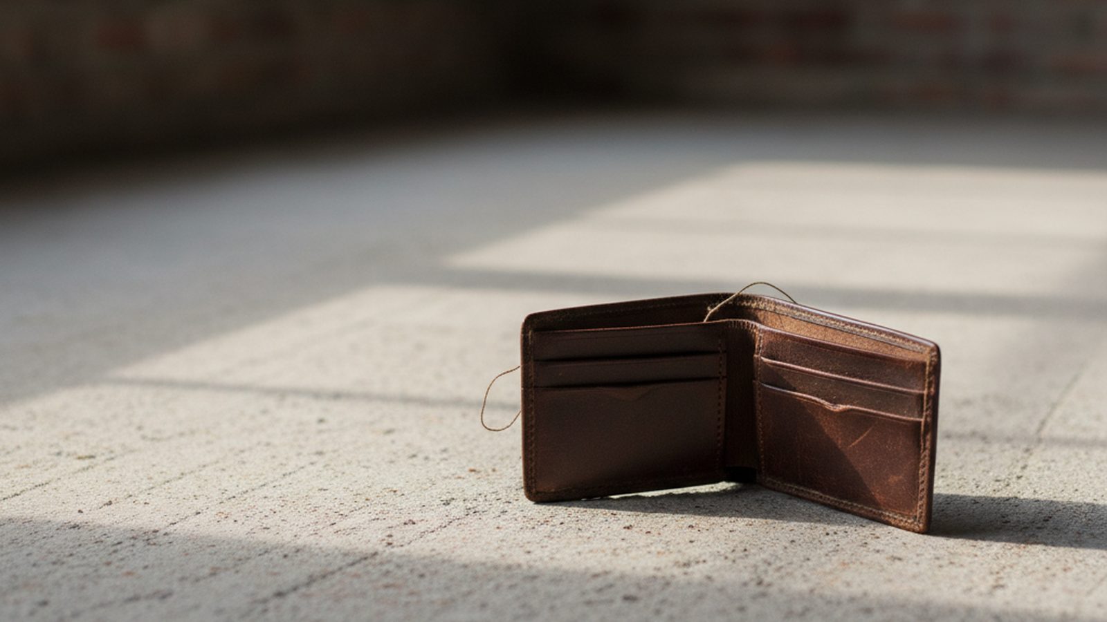 An empty leather wallet lies casually on a textured surface, suggesting loss or emptiness.