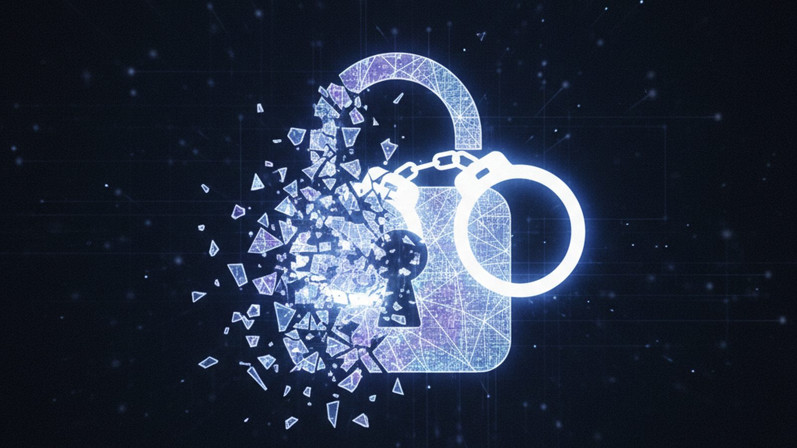 Digital ransomware padlock shattering as a police handcuff icon closes, symbolizing an arrest for ransomware.