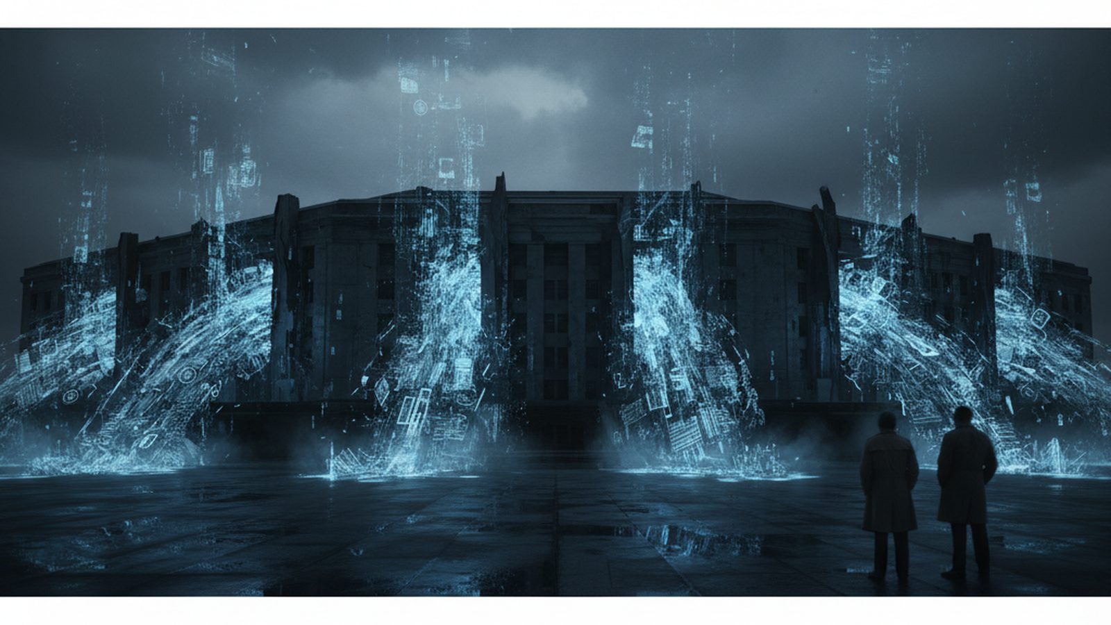 Stylized Pentagon silhouette with digital data streams leaking, forming fragmented military records from a breach.