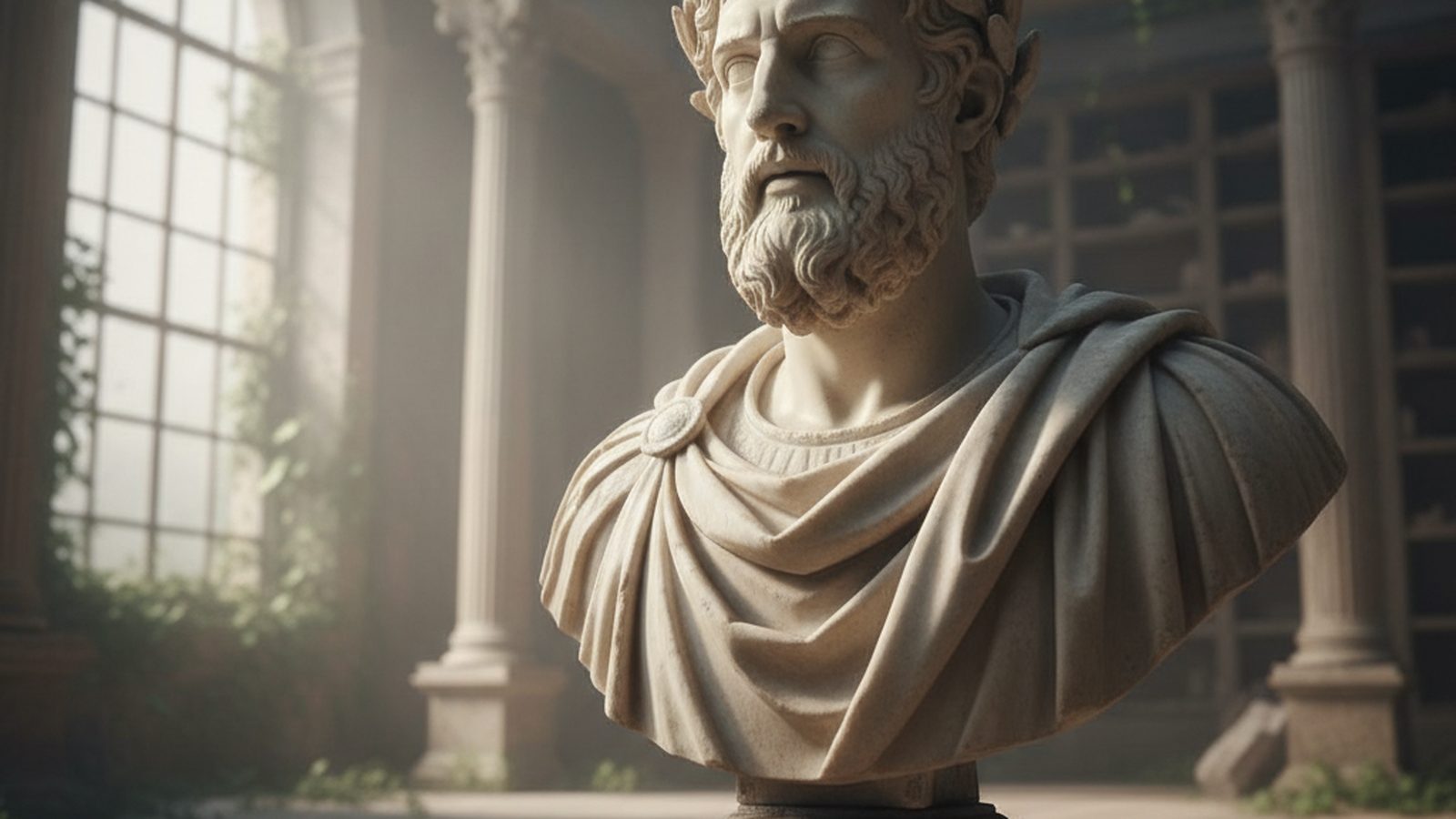 A marble bust of a classical figure, illuminated by soft light, captured from a low perspective.