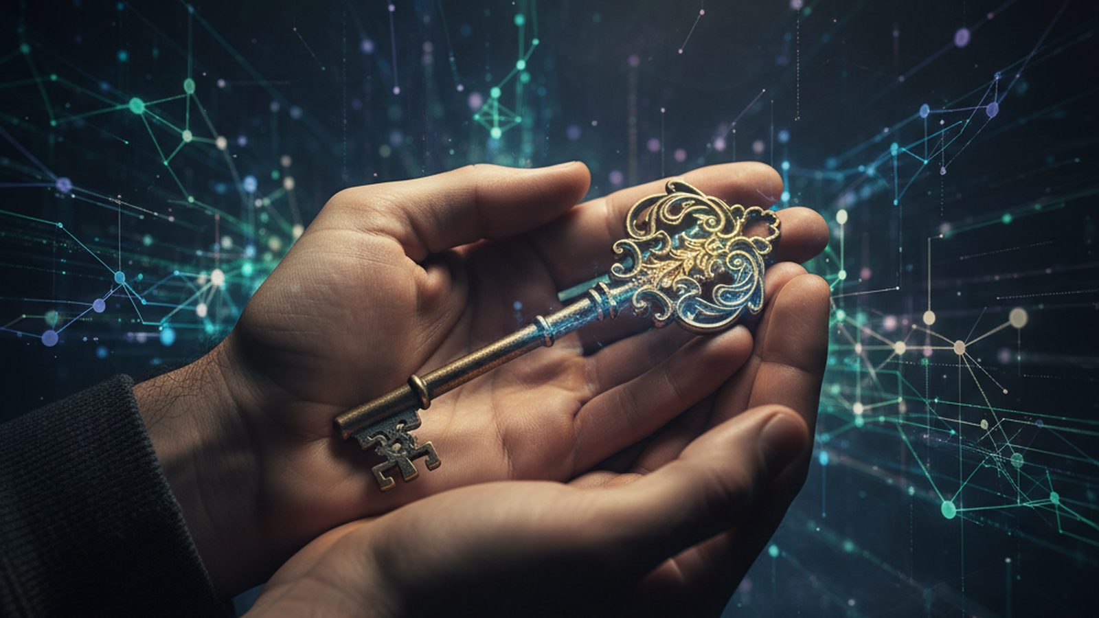 A person's hands holding a translucent key over a complex, abstract network of glowing data points, symbolizing control over personal information.