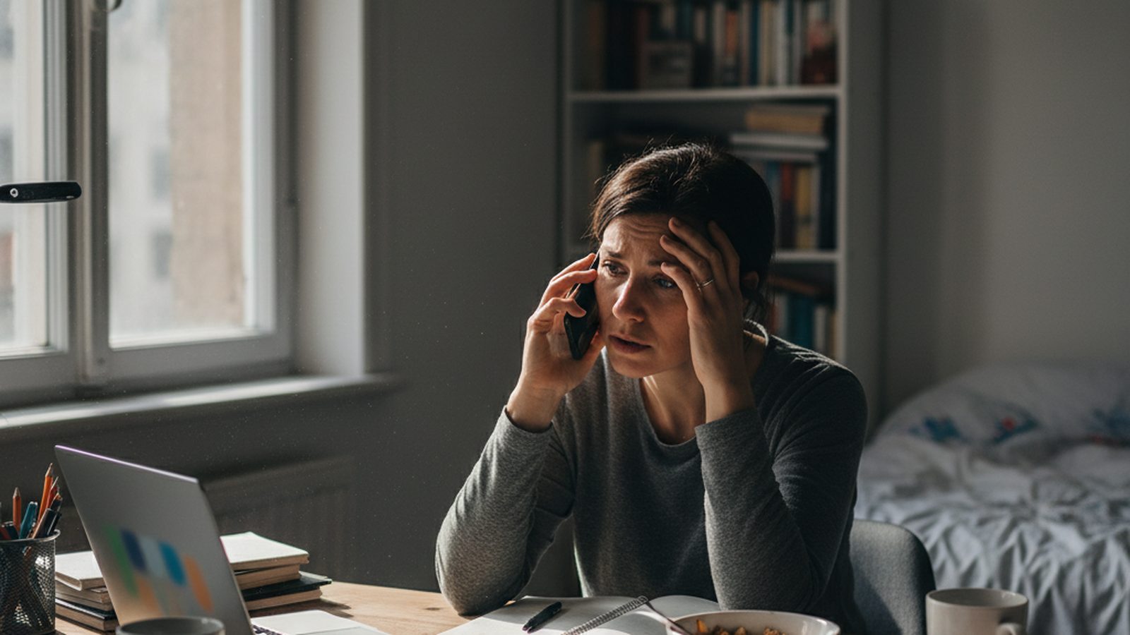 A concerned person holding a smartphone to their ear, with a worried expression, sitting at a desk with a laptop open in a home office setting.
