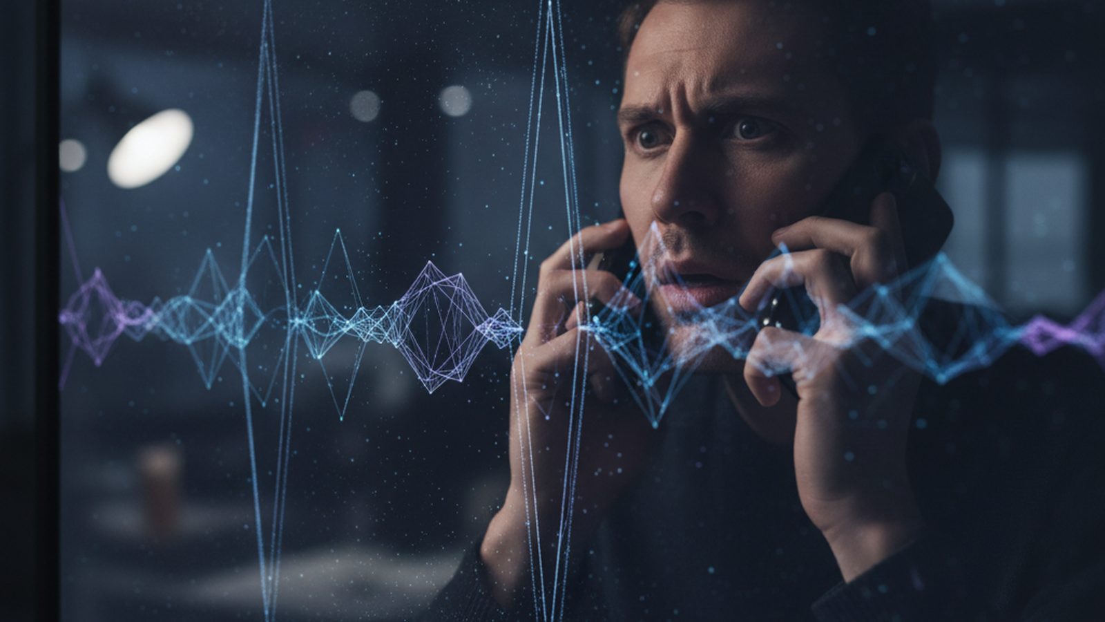 A sound wave is displayed on a computer screen, with a person's anxious face reflected in the monitor, representing the threat of AI voice scams.