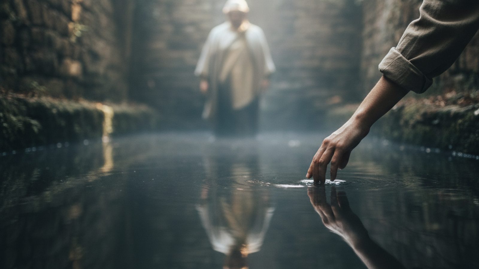 A hand extends towards a blurred, indistinct reflection in the calm surface of a pool.