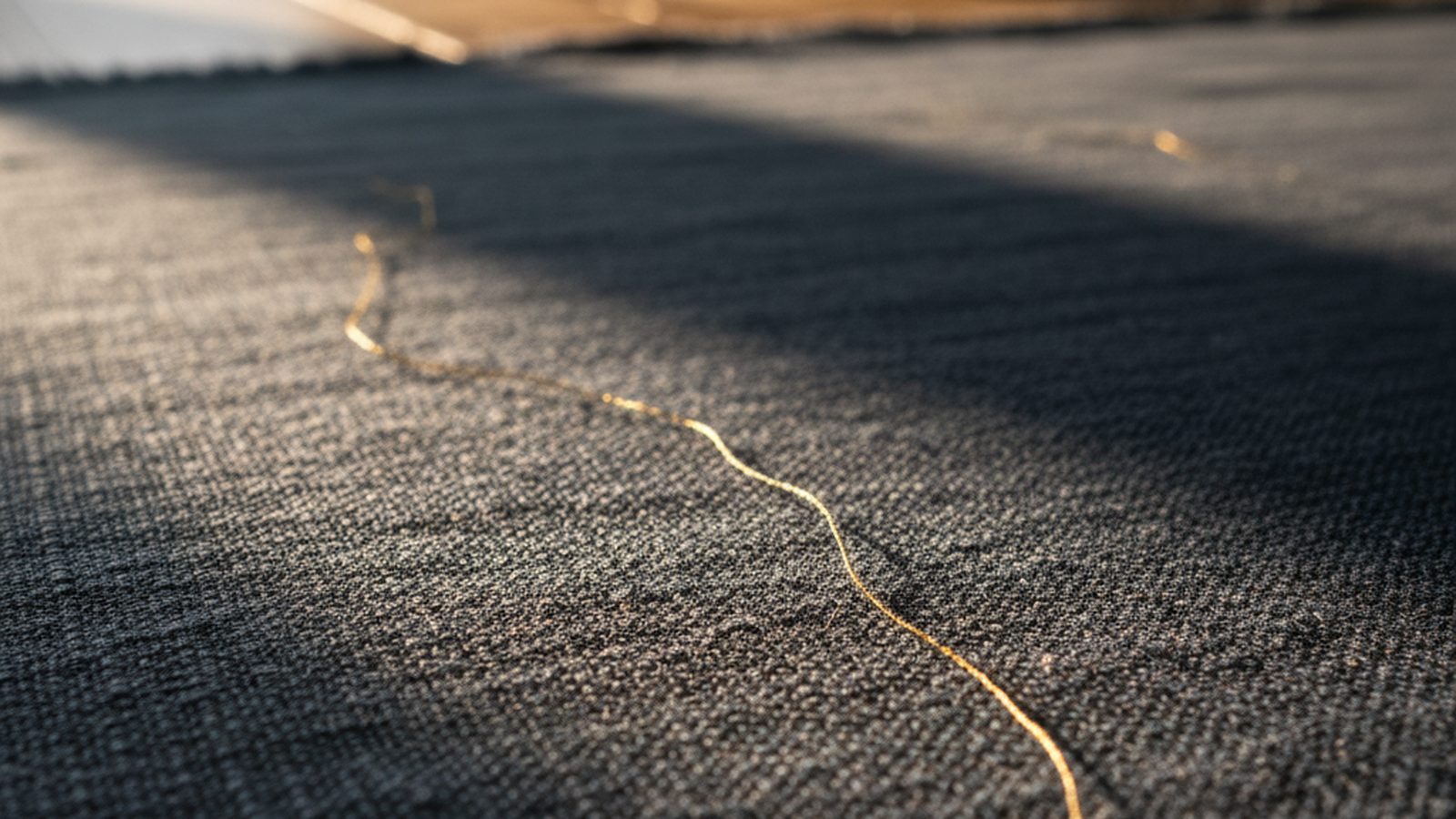 A single, delicate thread slowly unravels from a tightly woven fabric, catching sunlight.