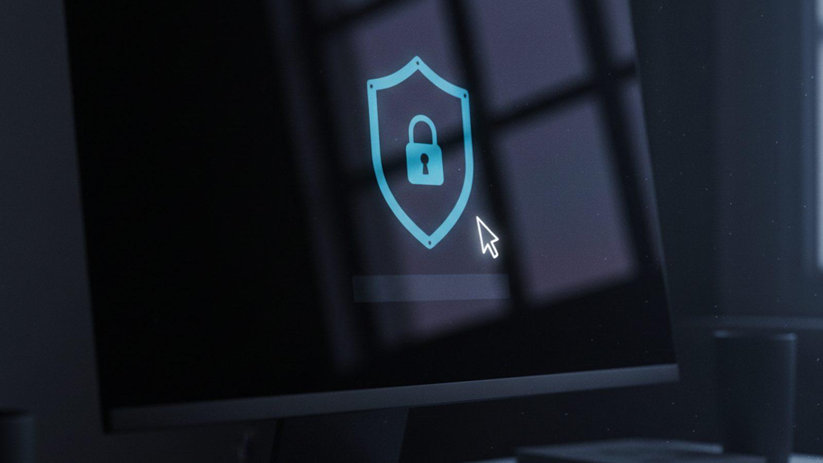 An abstract, close-up photo of a computer mouse cursor hovering over a glowing privacy shield icon on a dark, minimalist interface.