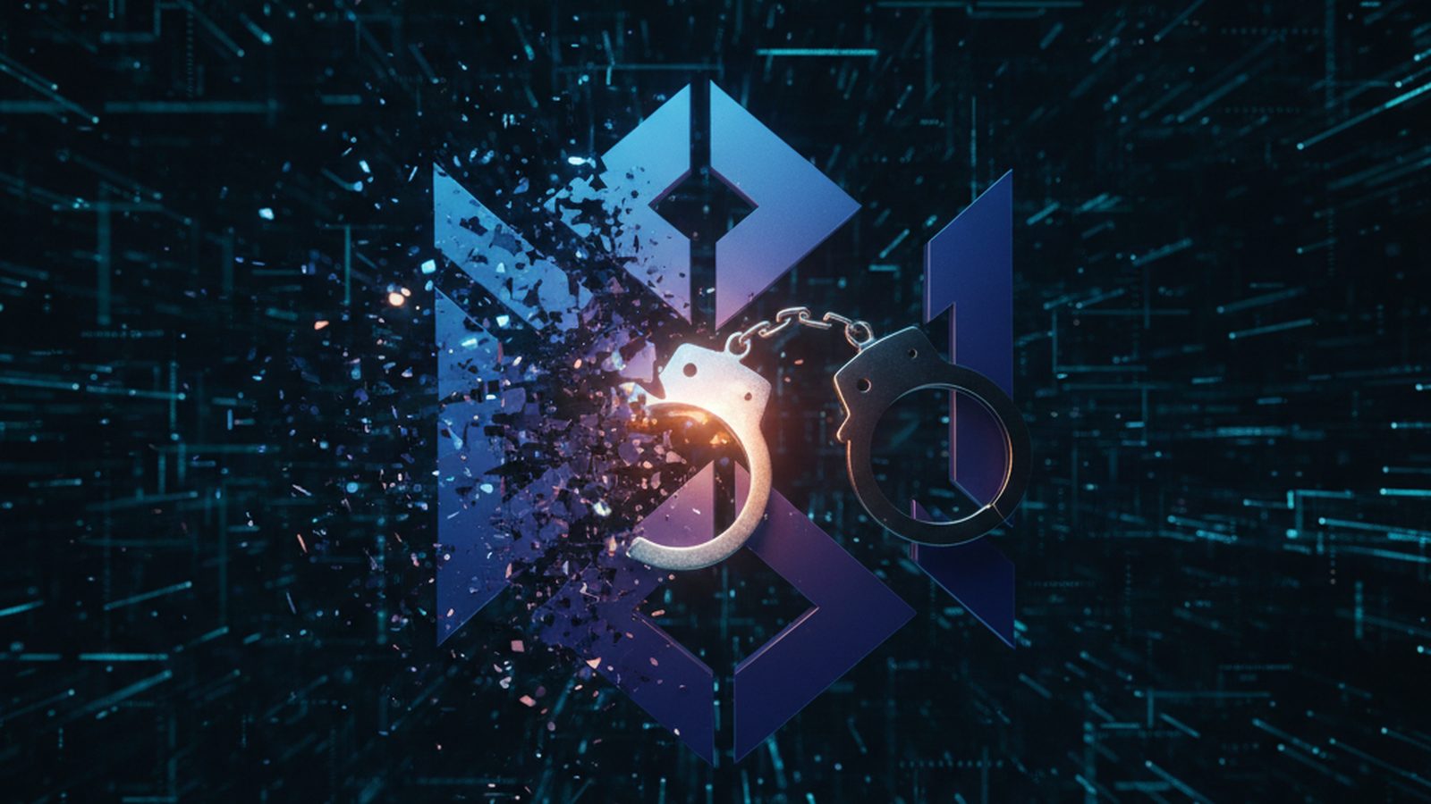 Digital 'ShinyHunters' logo cracking, replaced by a handcuff icon, symbolizing an arrest in the Netherlands.