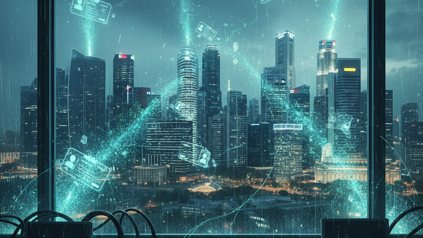 Stylized Singapore skyline with data leaking from telecom towers, forming fragmented ID cards, depicting a breach.