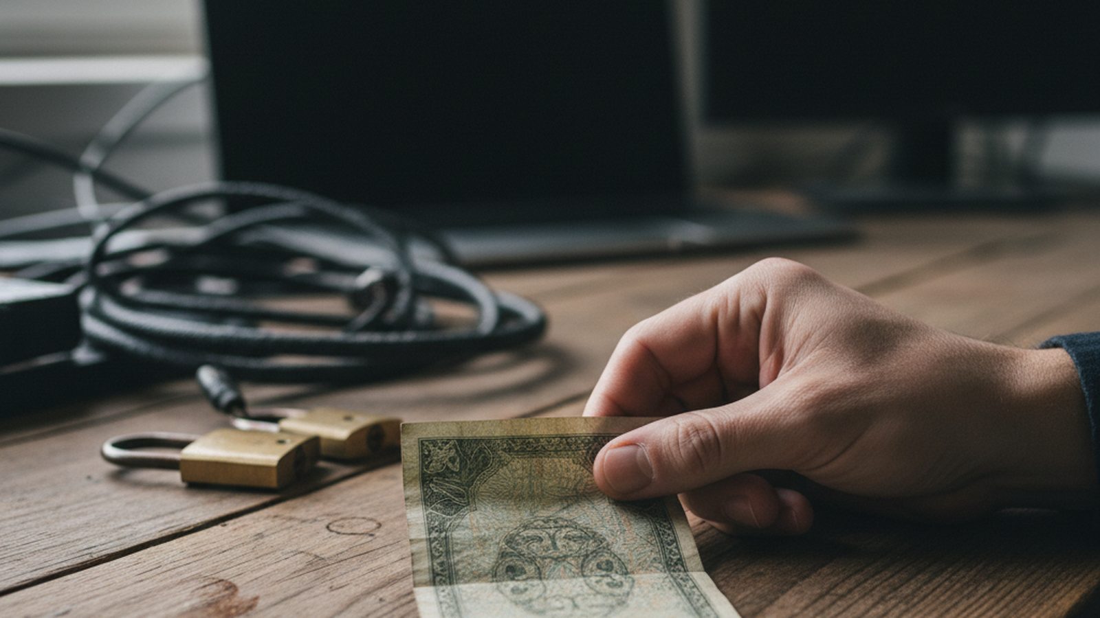 A hand holds a folded paper bill, its details vague, resting on a warm, polished wooden surface.