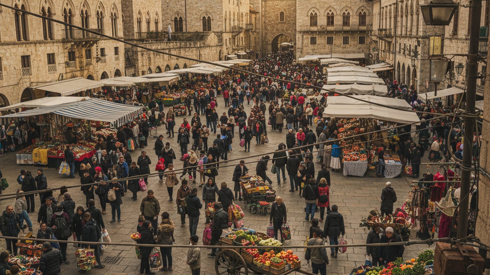 A bustling market square seen from a high vantage point, filled with many moving figures.