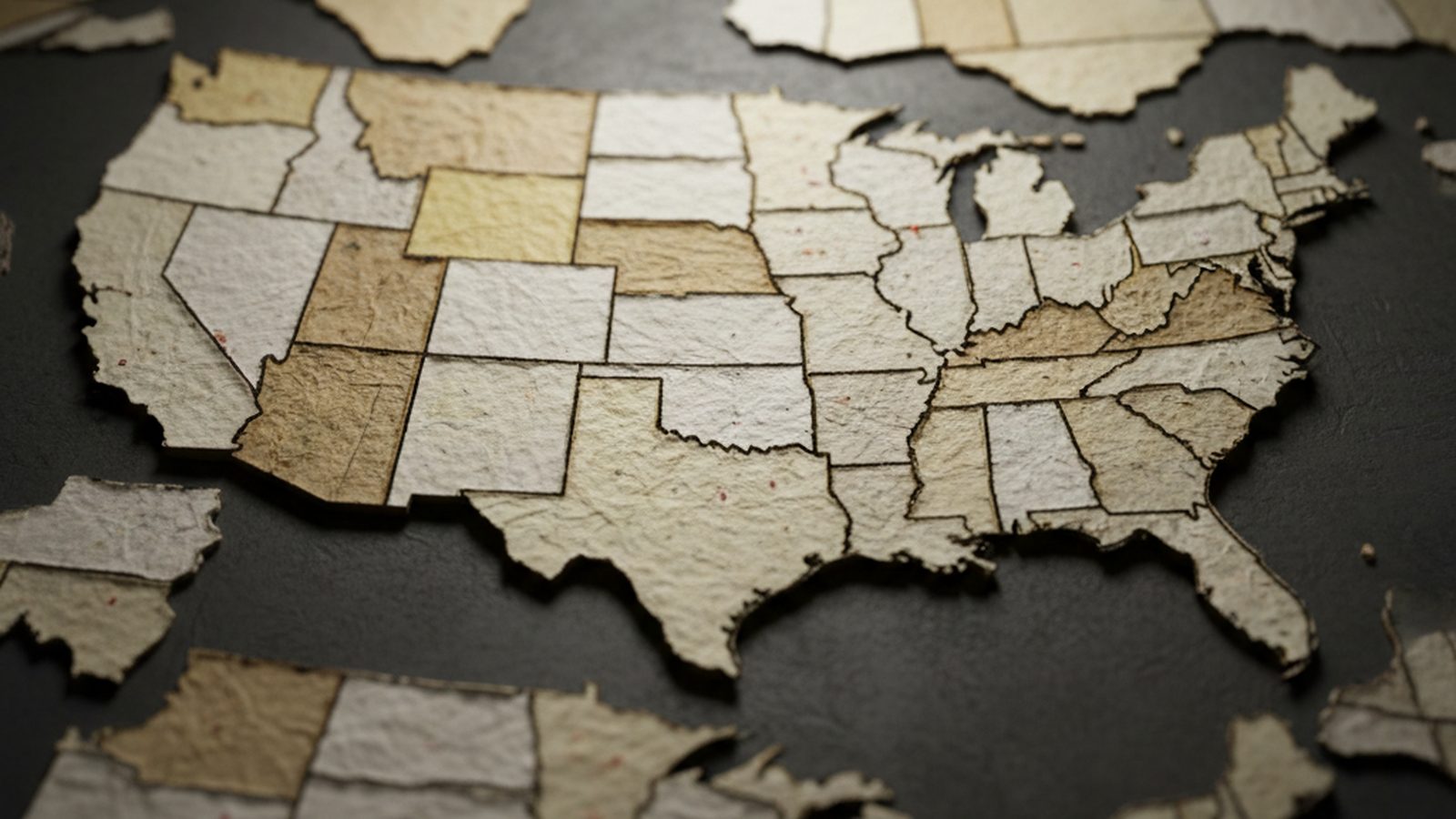 A map of the United States made of overlapping and fragmented legal documents, symbolizing the patchwork of state laws.