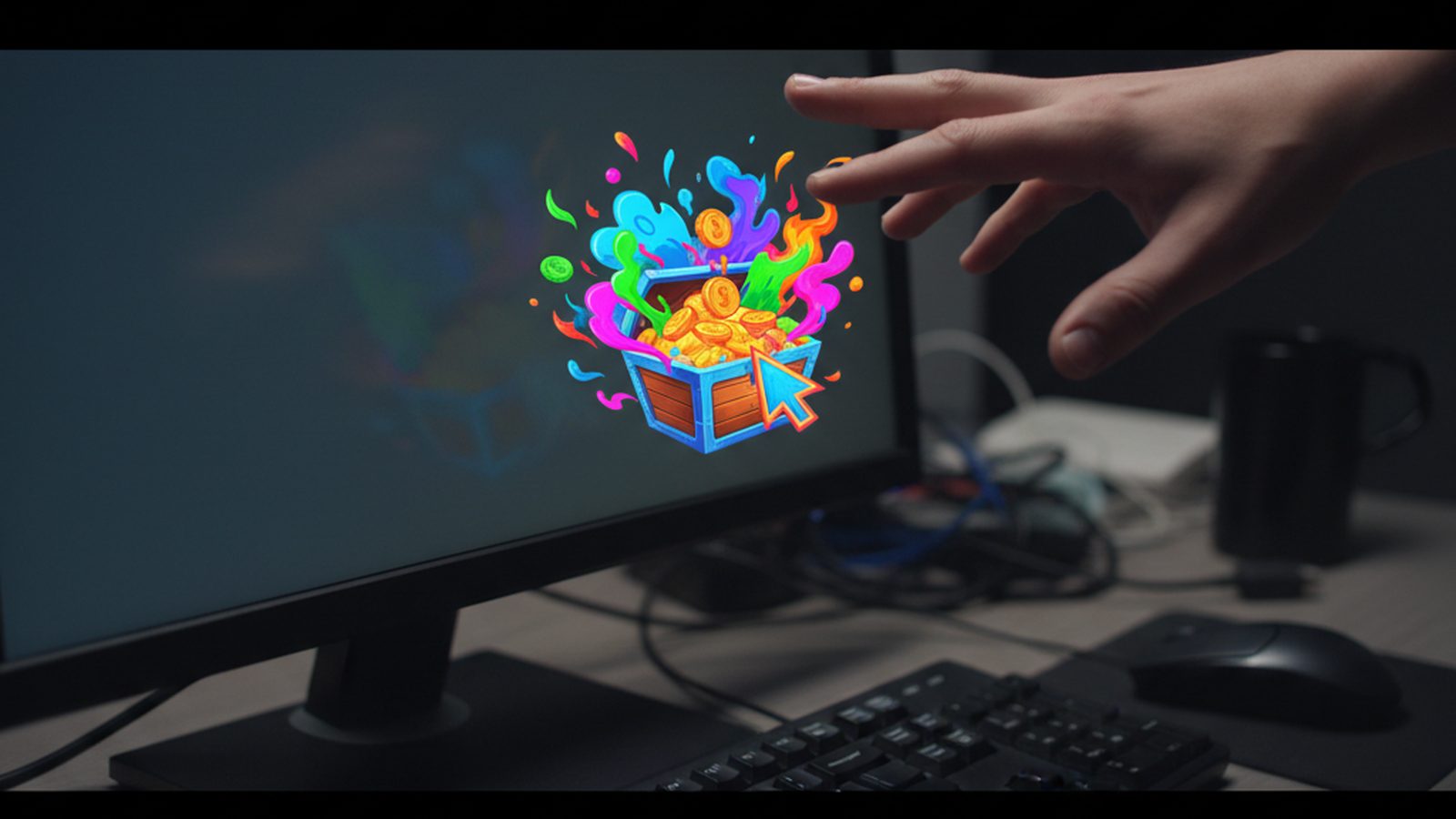 Bright, misleading pop-up ad icon on a screen with a hovering hand, illustrating a tech support scam.
