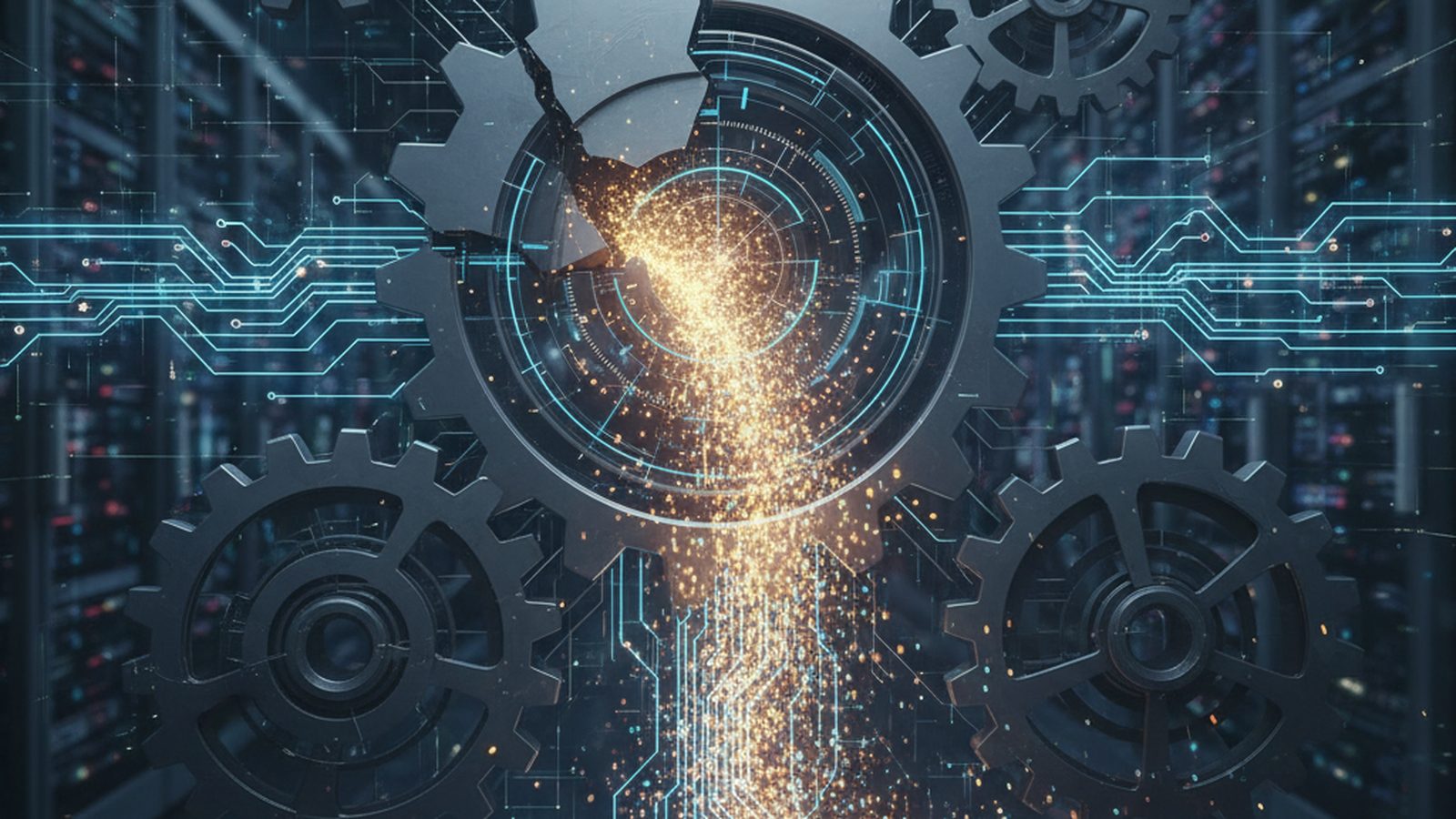 Interlocking digital gears, one broken and leaking 'credential' data, symbolizing a vendor breach via API.