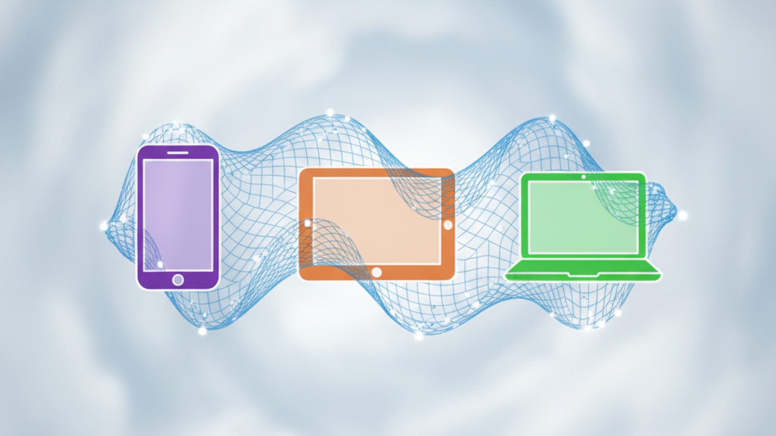 Digital fishing net adapting to catch various device icons, representing an OS-aware iCloud phishing kit.
