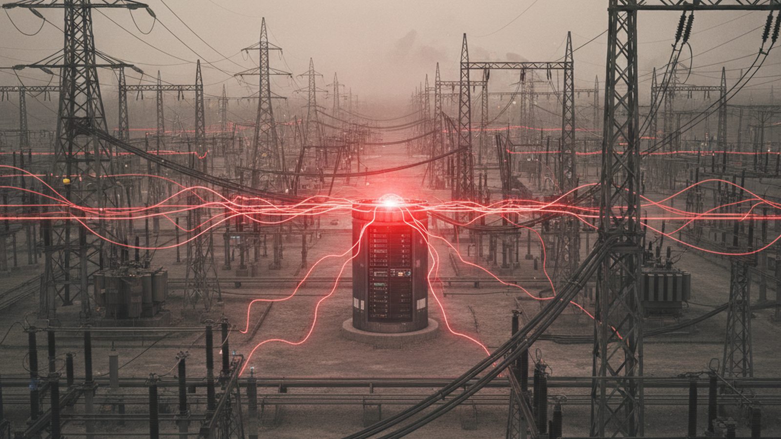 Power lines and infrastructure with a spreading red data leak, symbolizing a large-scale energy sector breach.