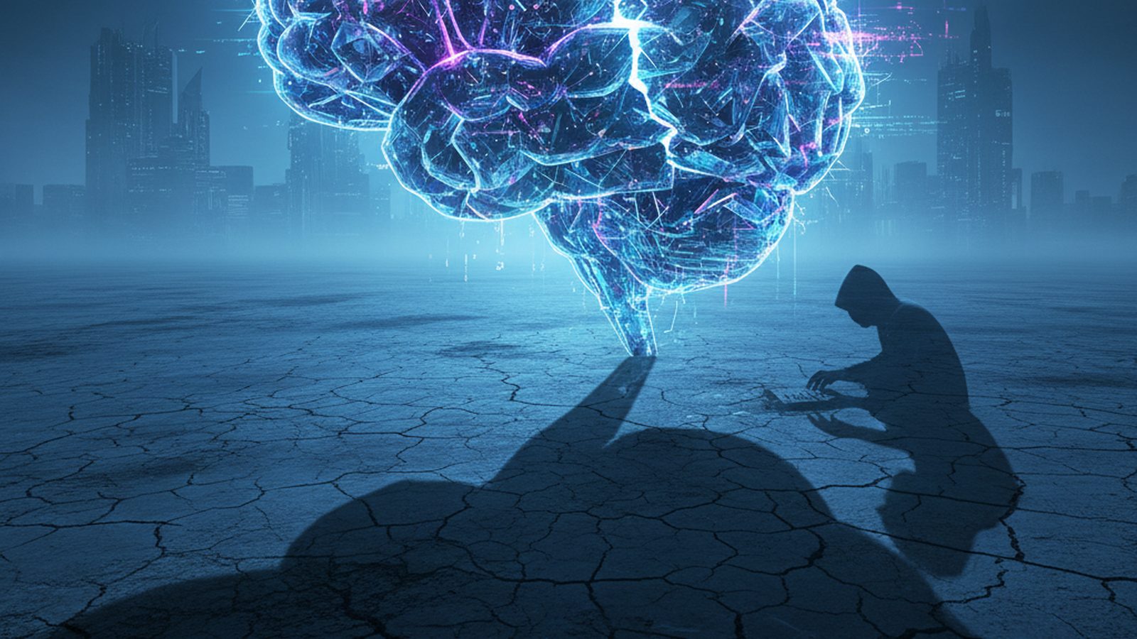 Abstract AI brain with data corruption, casting a hacker's silhouette, symbolizing AI misuse detailed in a threat report.