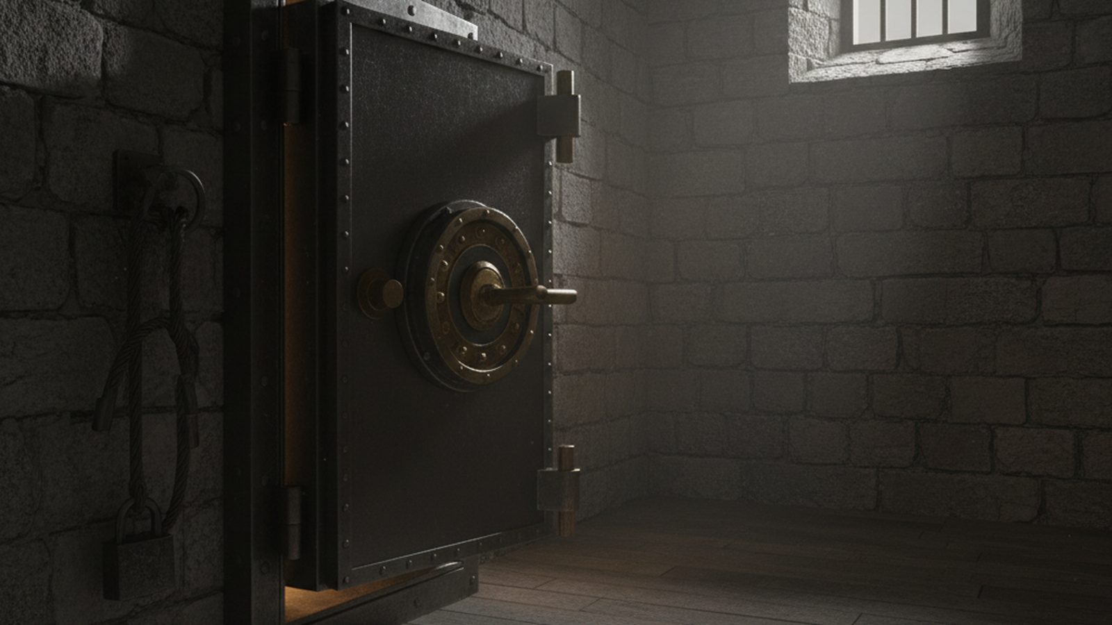 An old-fashioned, secure metal safe door, slightly open, revealing darkness within a quiet room.