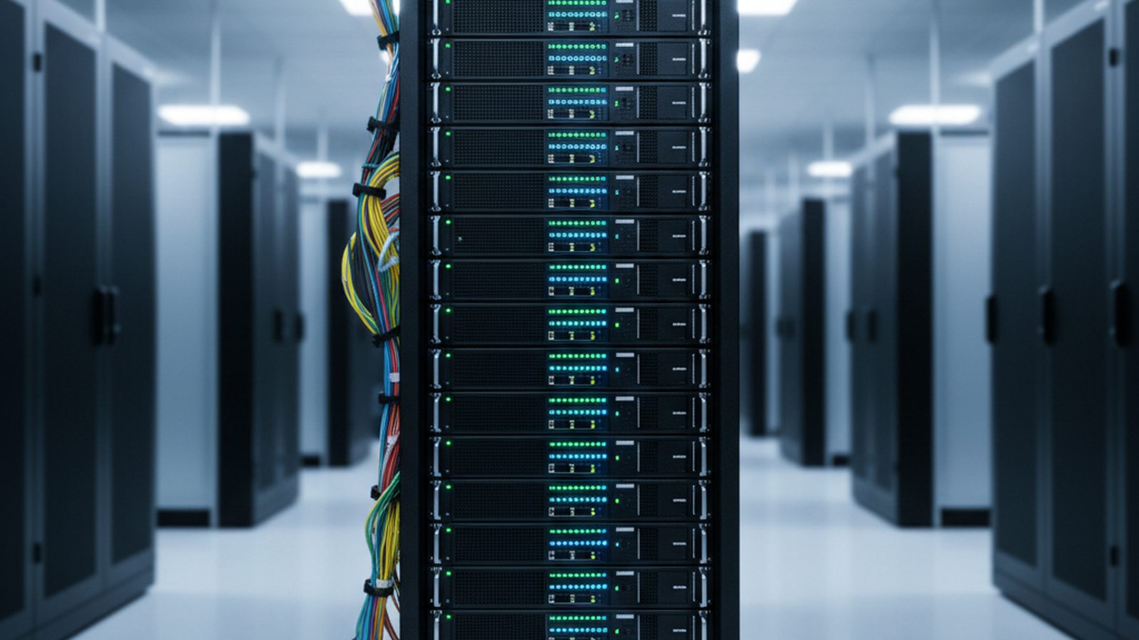 A modern, secure server room with rows of network-attached storage (NAS) devices, their status lights glowing green, symbolizing data redundancy and security.