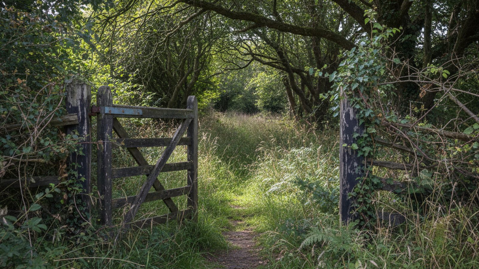 An old, wooden gate stands ajar, revealing an overgrown path beyond, hinting at vulnerability.