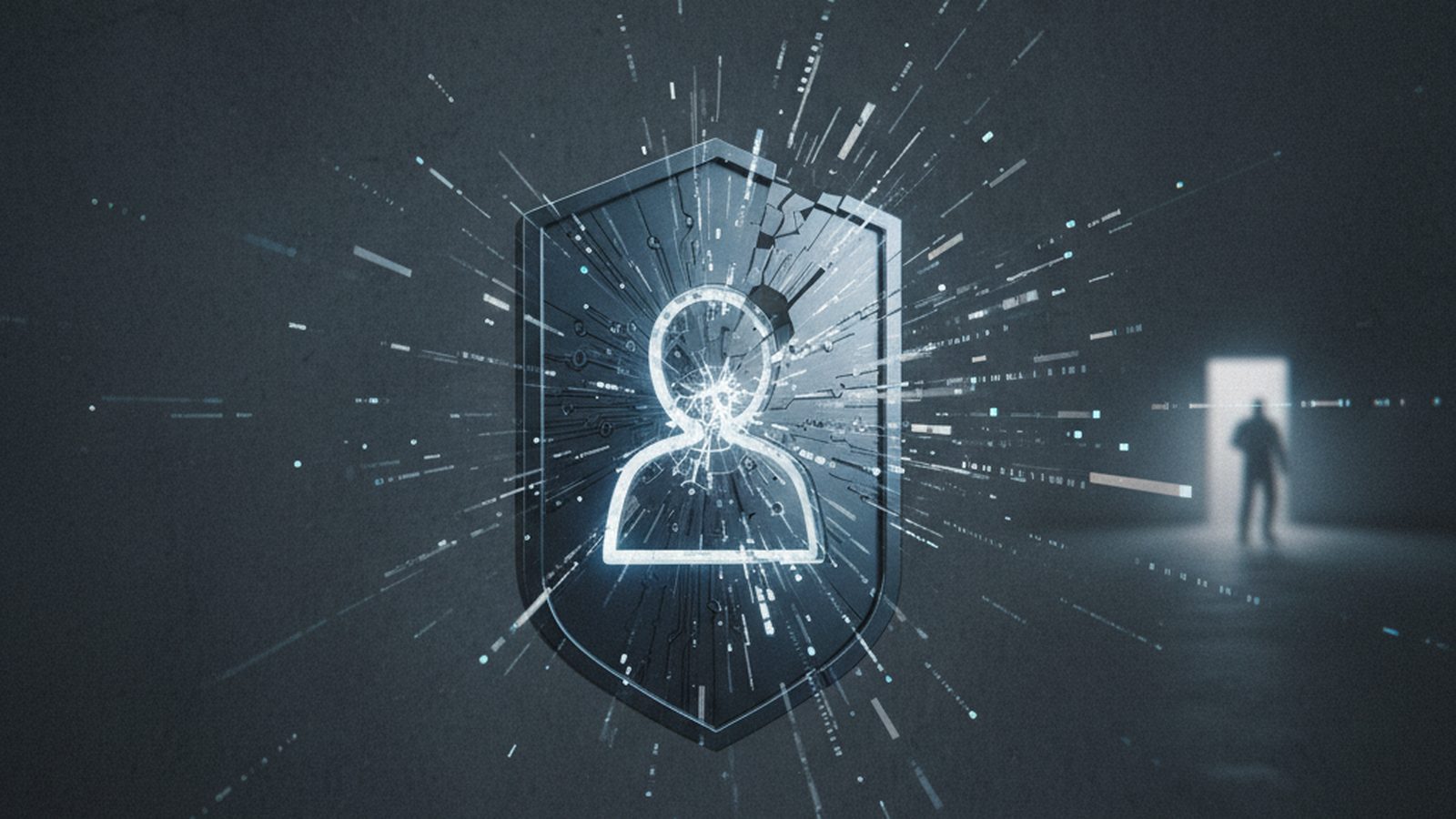 Cracked digital FBI badge icon with data streams leaking, symbolizing a breach of a government jobs portal.