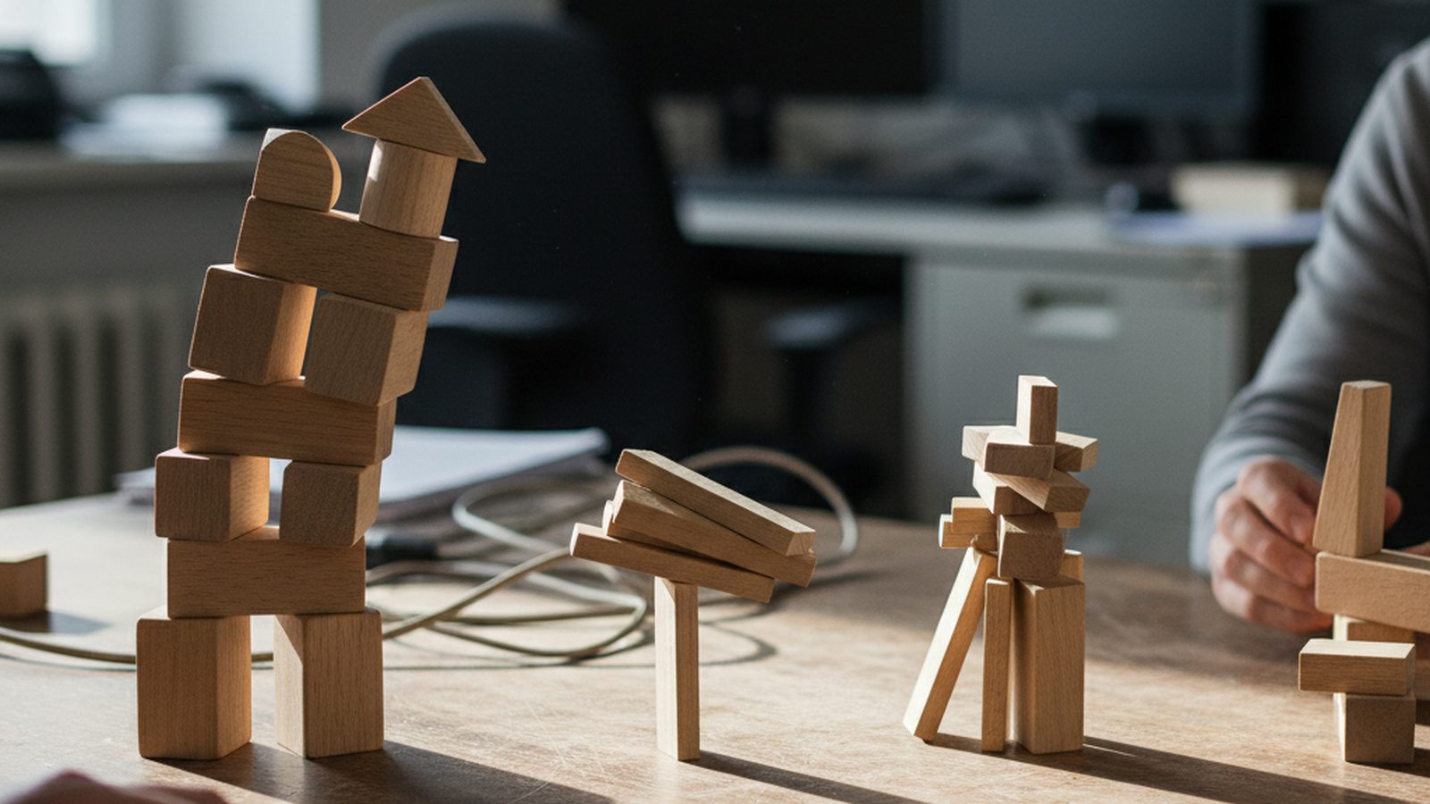Plain wooden building blocks of different sizes stacked precariously on a table, showing stability.