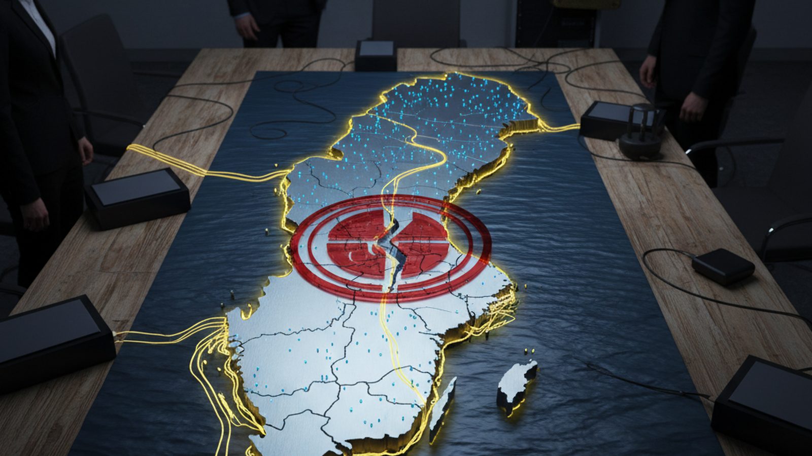 Stylized map of Sweden with glowing data leaking and a prominent 'GDPR FINE' stamp, depicting a national breach.